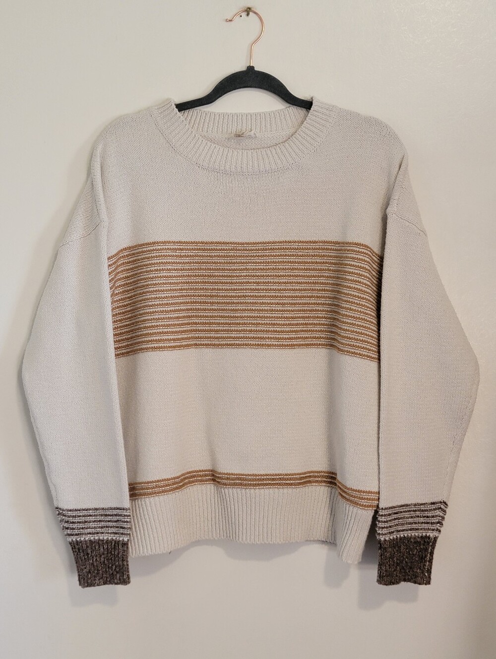 Eesome Oversized Textured Stripe Colorblock Knit Sweater Cream Tan M/L No Flaws